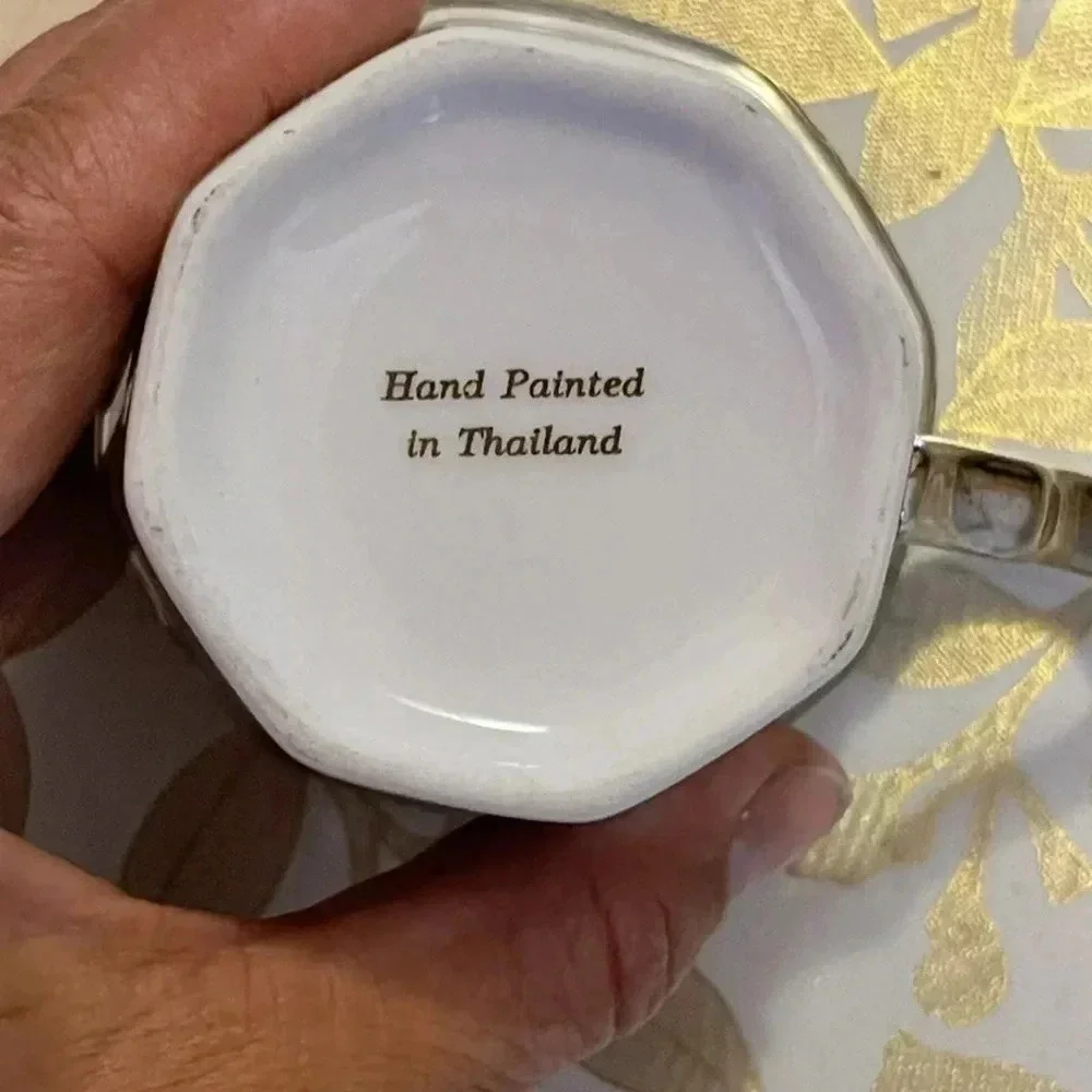 Vintage Bangkok Thailand hand painted cup and soccer white gold